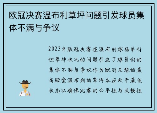 欧冠决赛温布利草坪问题引发球员集体不满与争议