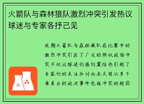 火箭队与森林狼队激烈冲突引发热议球迷与专家各抒己见